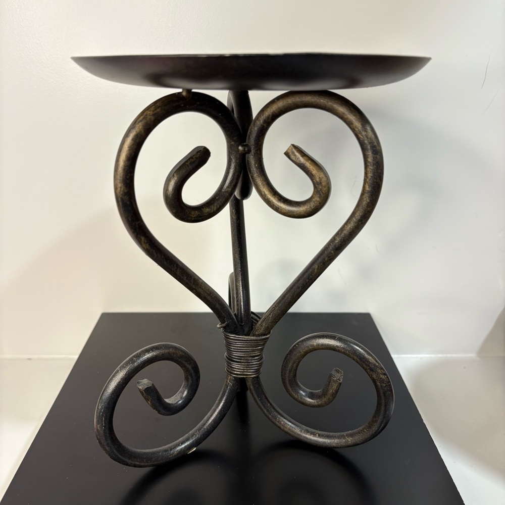 Metal Decorative Scroll Pillar Candle Holder 9” tall w 7” round base